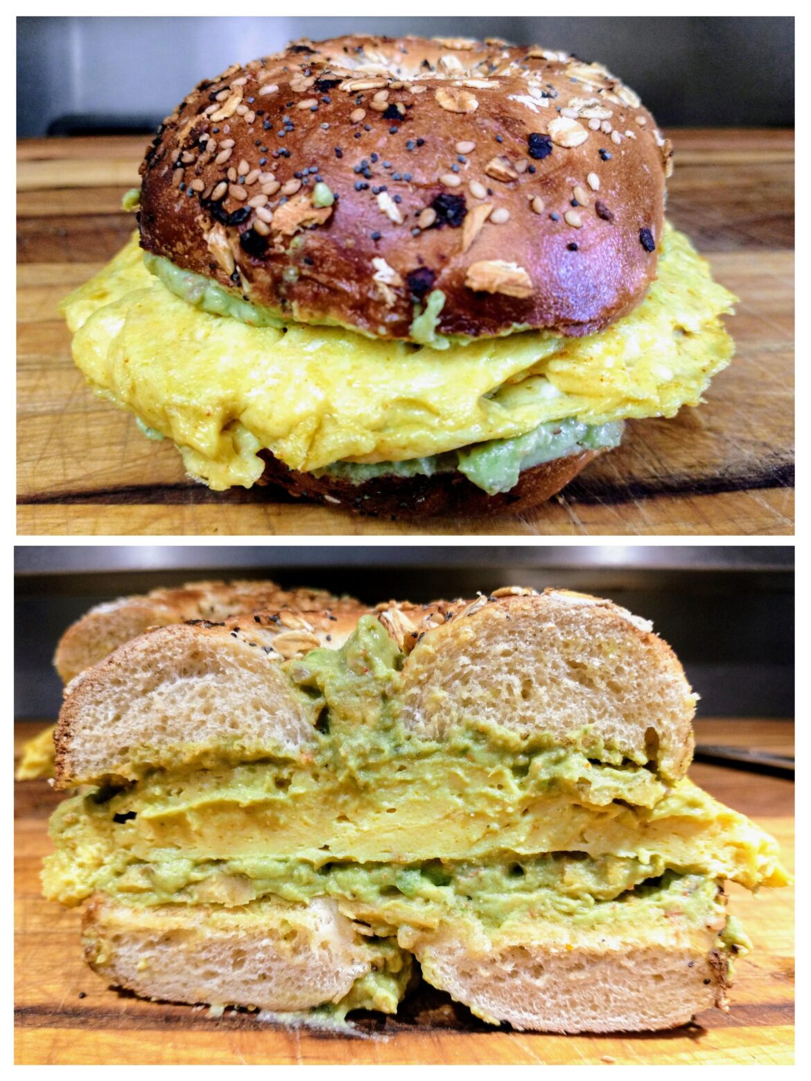 Homemade Bagel Egg Sandwich - Eggs and Avocado Cream Cheese Spread on Toasted Everything Bagel.