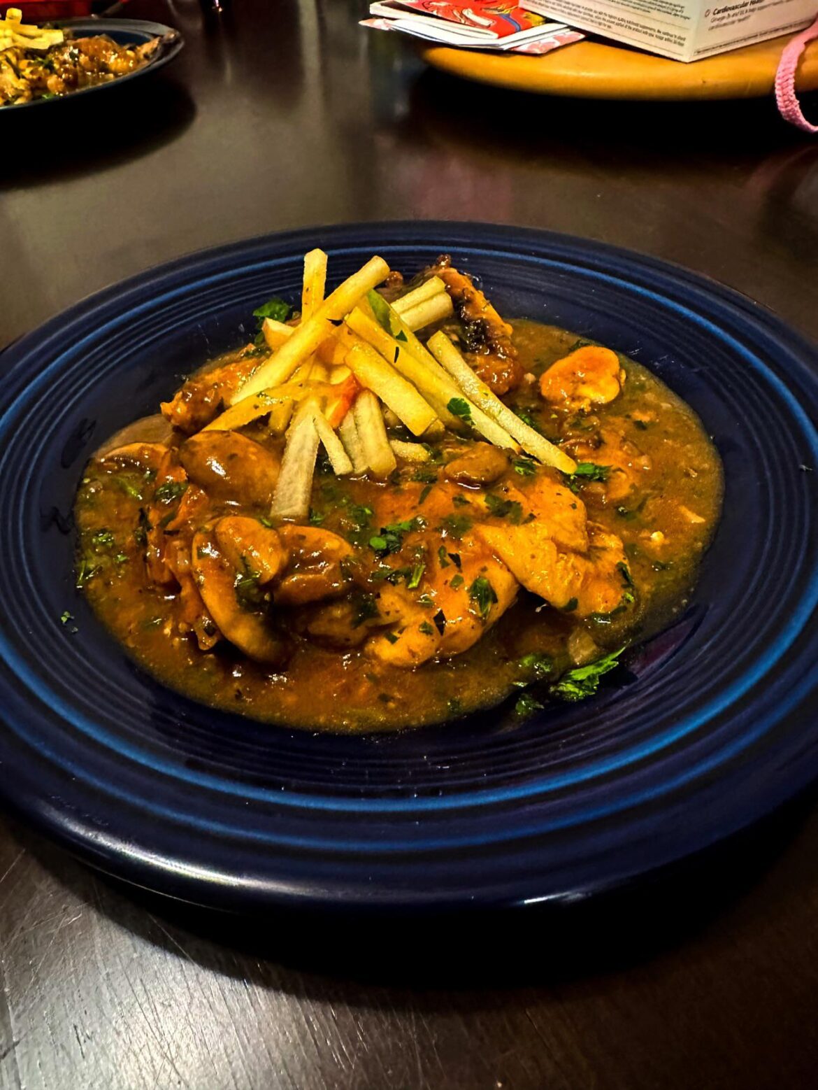 poulet sautè chasseur (Hunters Chicken) Amazing french dish with tarragon, mushrooms, a homemade bone stock, cognac, white wine, and i elevated mine with a pear and apple honey slaw