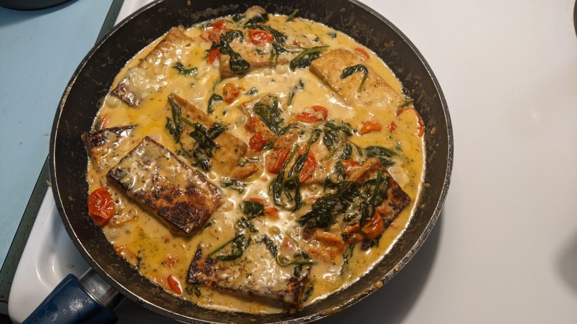 The fam came to visit so I cooked up some Creamy Tuscan Tofu, Mushroom Risotto, and Garrrlic Bread.