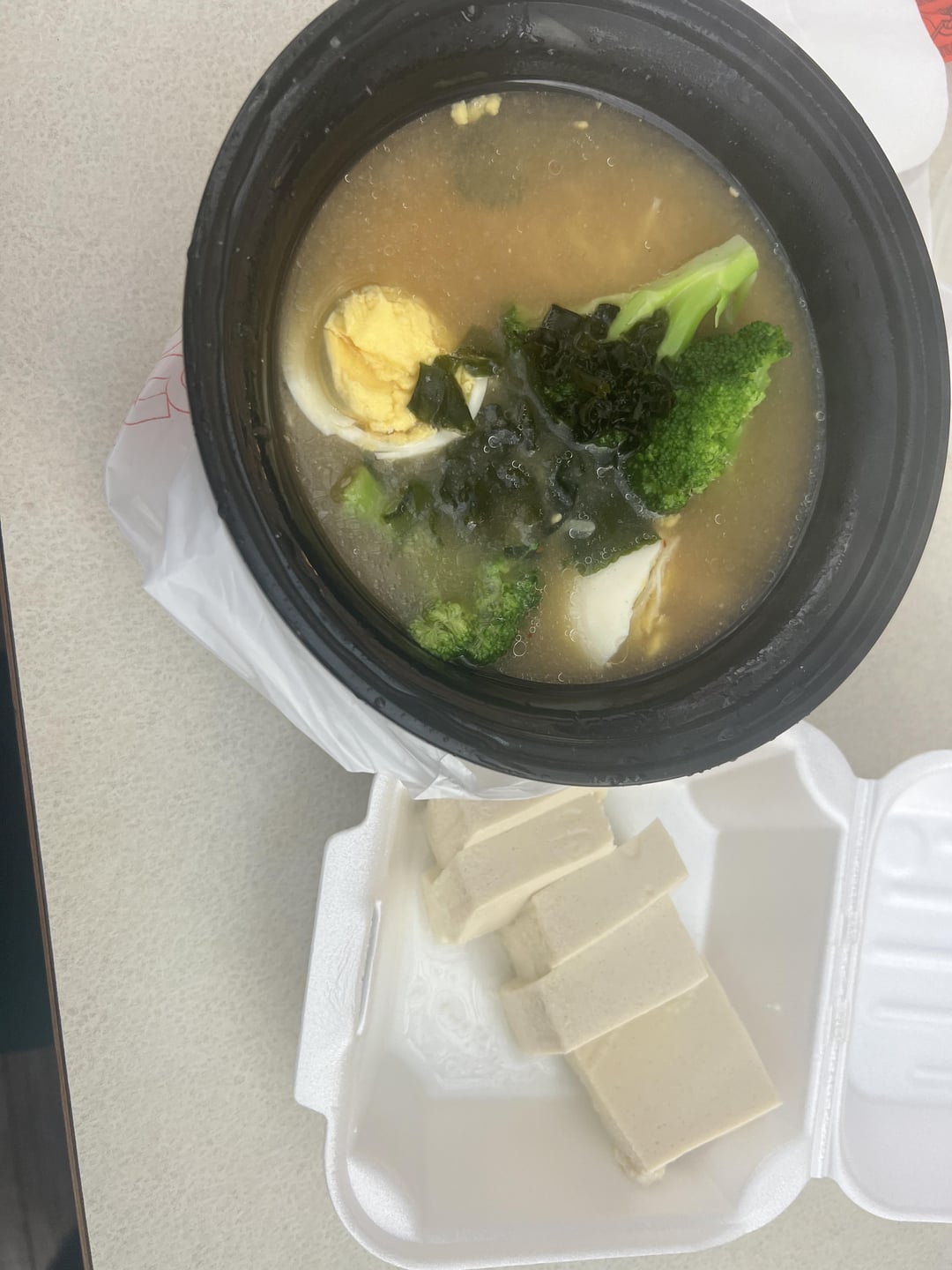 Calories in this ramen? Miso broth with egg, seaweed, broccoli, and