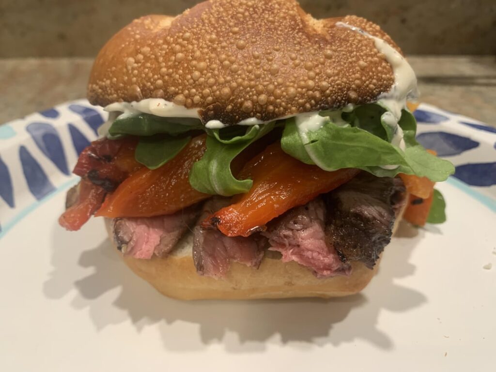 Ribeye sandwich with roasted red peppers, arugula and garlic aioli. Might be the best sandwich I’ve had in weeks.