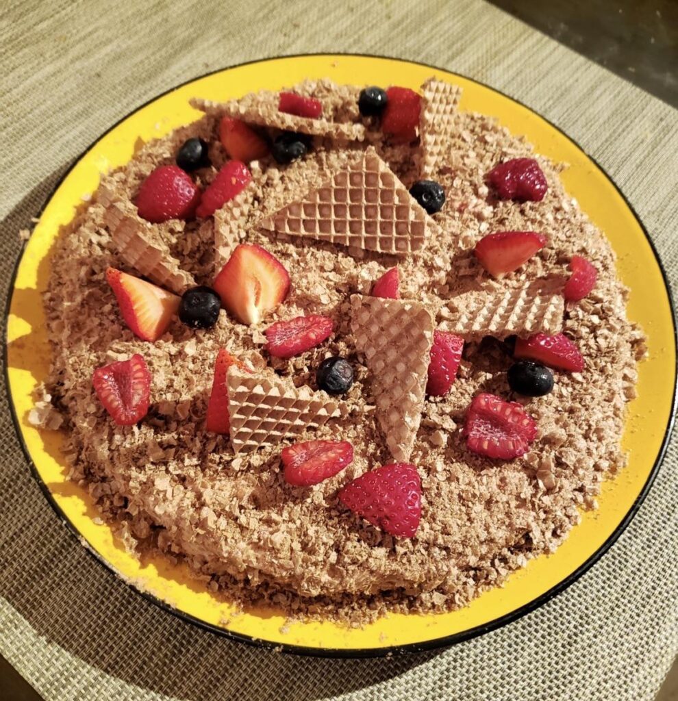 Easy Napoleon Cake (Торт Наполеон)- condensed milk pastry cream, puff pastry, blueberry, raspberry, strawberry, wafer layers, crumbled wafer.