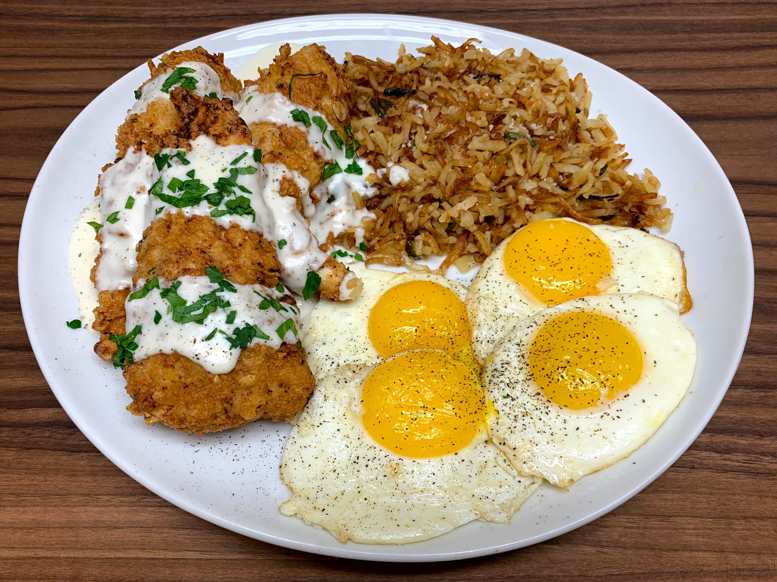 Buttermilk Cornflake Chicken Strips with White Sauce, Eggs and Jalapeño