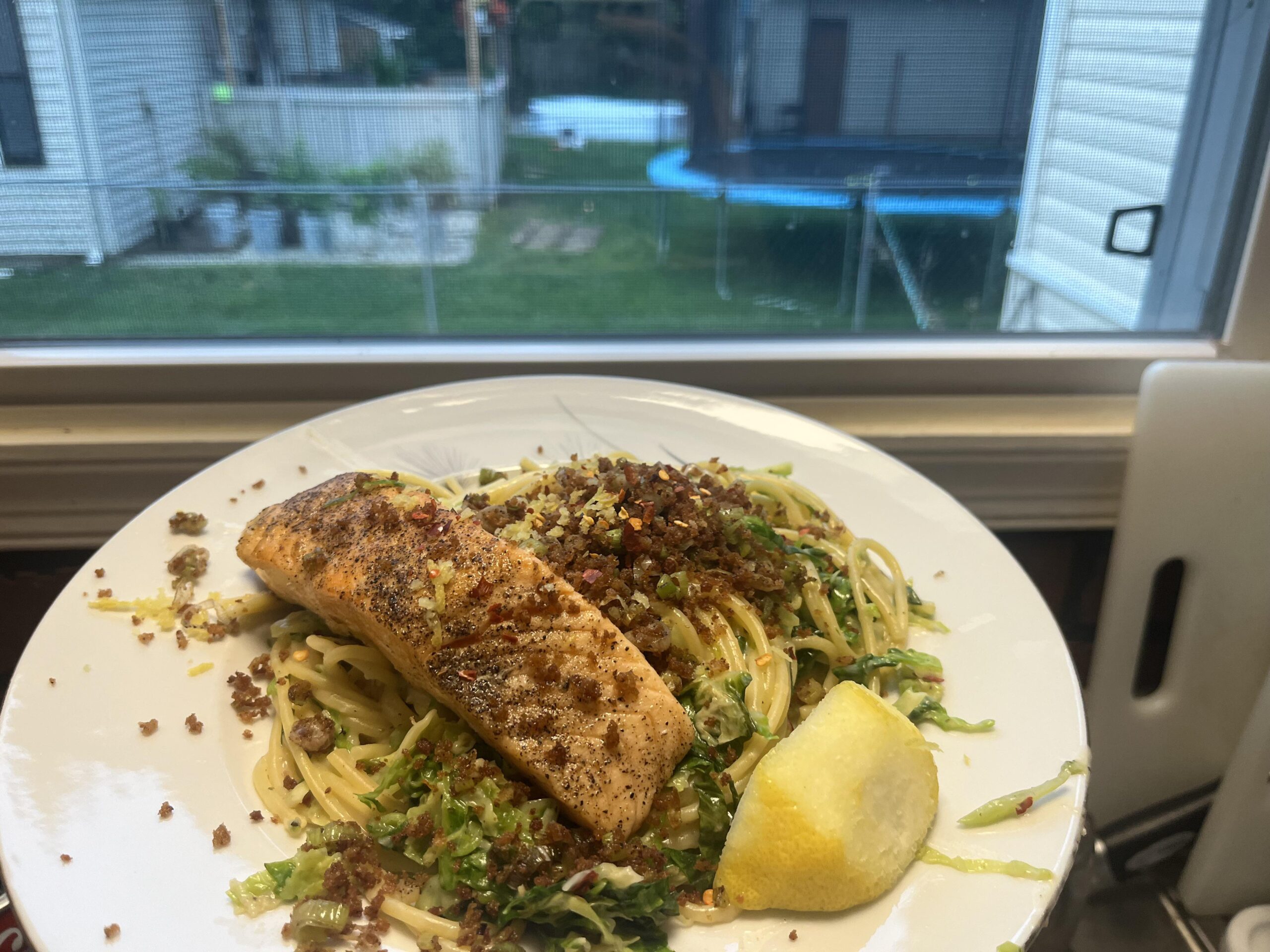 salmon over lemony spaghetti with brussel sprouts Dining and Cooking