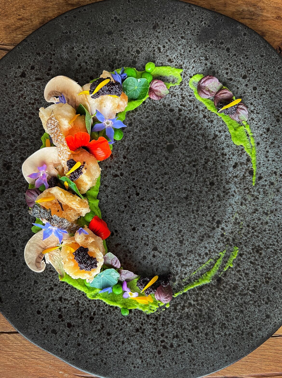 Tempura Carabineros · Pea · Dashi · Summer Flowers