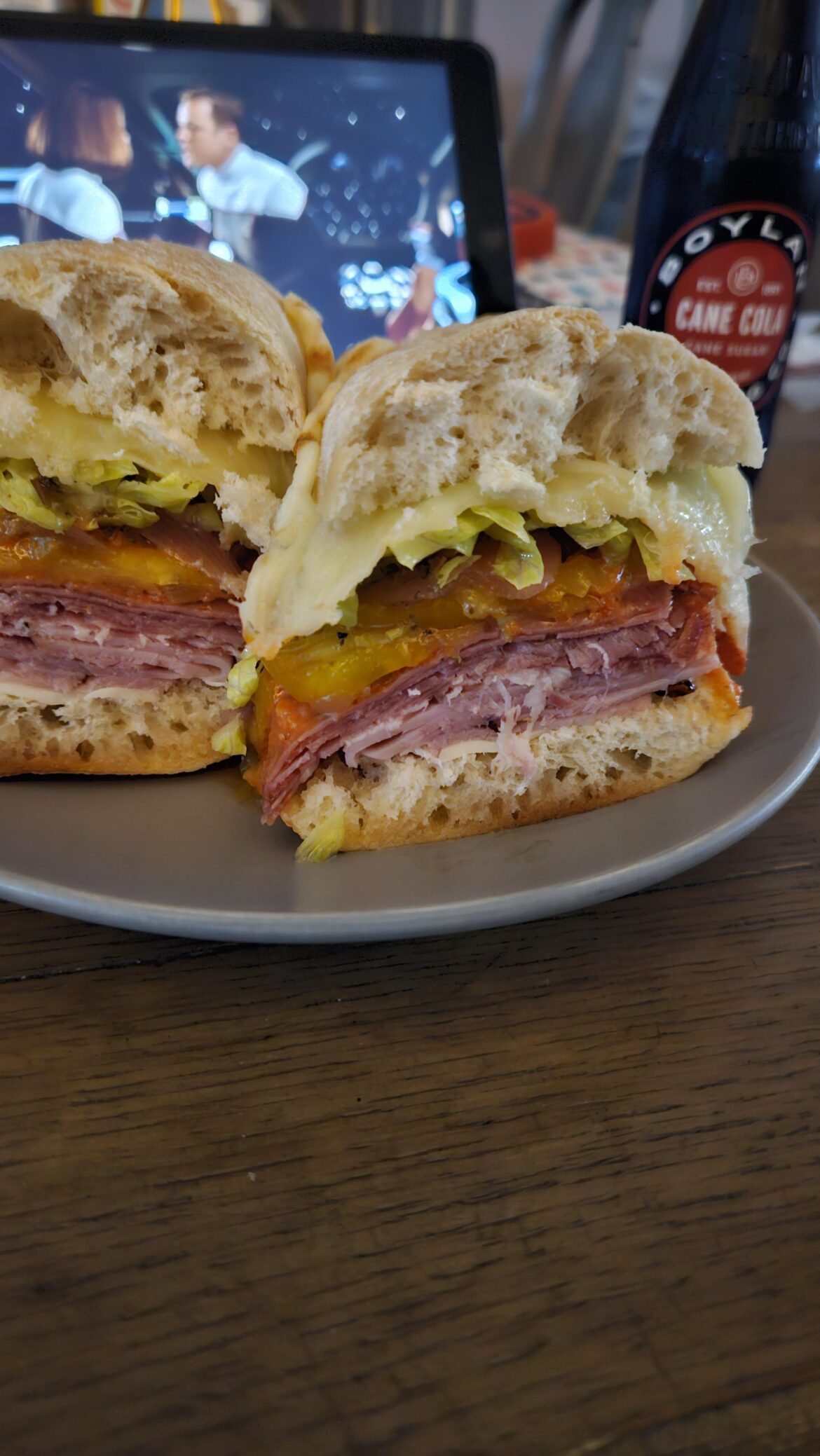 Black forest ham, capicola, sweet sopressata, salami, roasted red pepper aioli, pickled red onions and banana peppers, with provolone on a toasted Italian baguette.