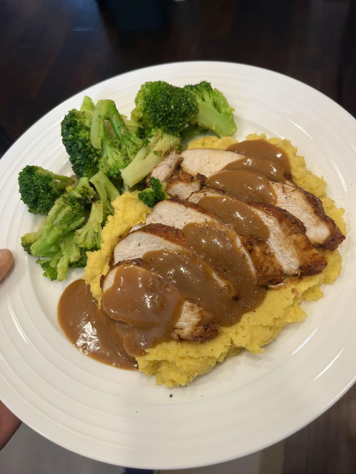 Completely from frozen meal- Grilled chicken with a quick pan sauce over cauliflower purée with lemon pepper broccoli.