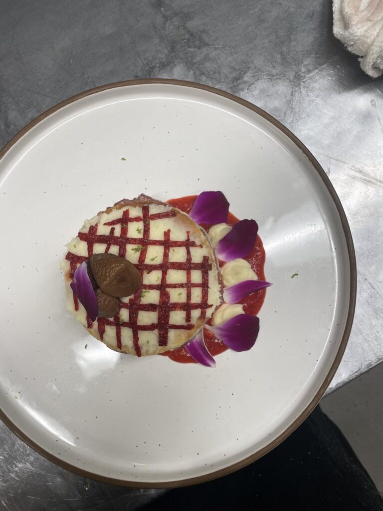 Strawberry lime entremet with vanilla mascarpone Chantilly, strawberry gelee, strawberry leather and pickled strawberries