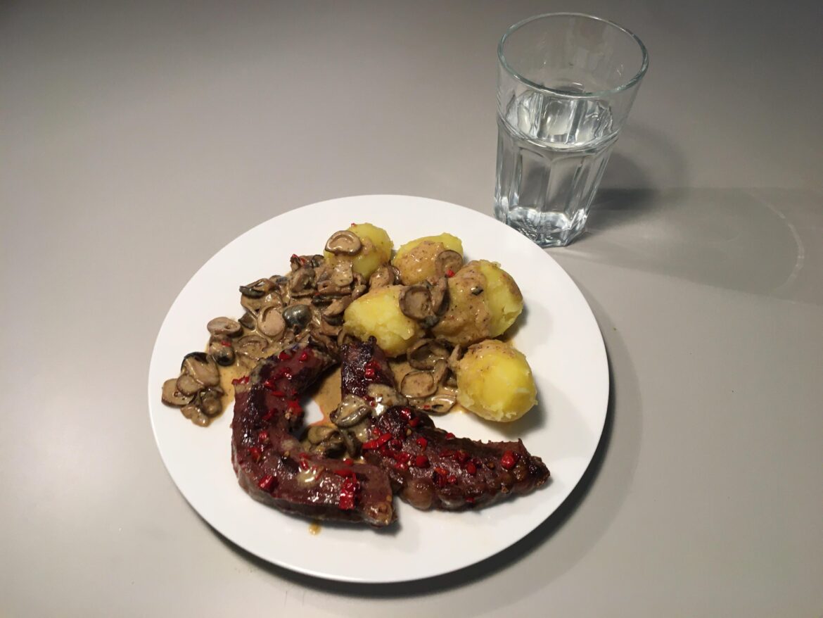 cow heart and potatoes and mushrooms