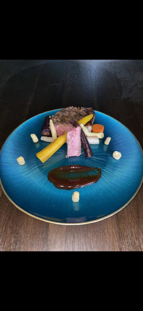 Steak, carrots, baby corn, bbq sauce