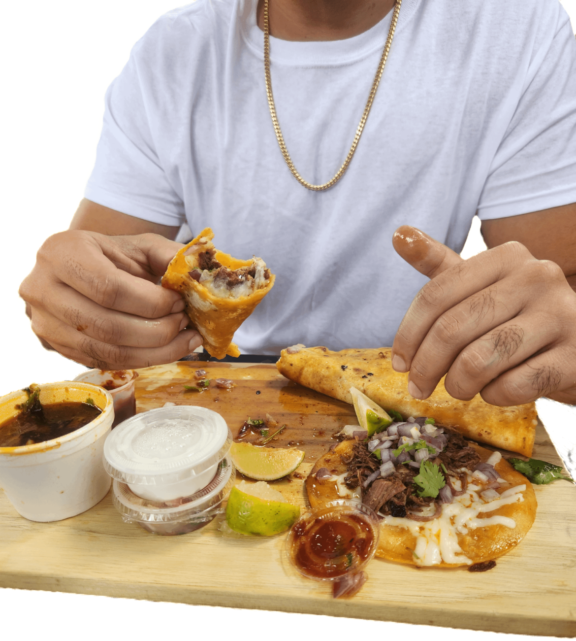 Quesabirria tacos on a wooden board