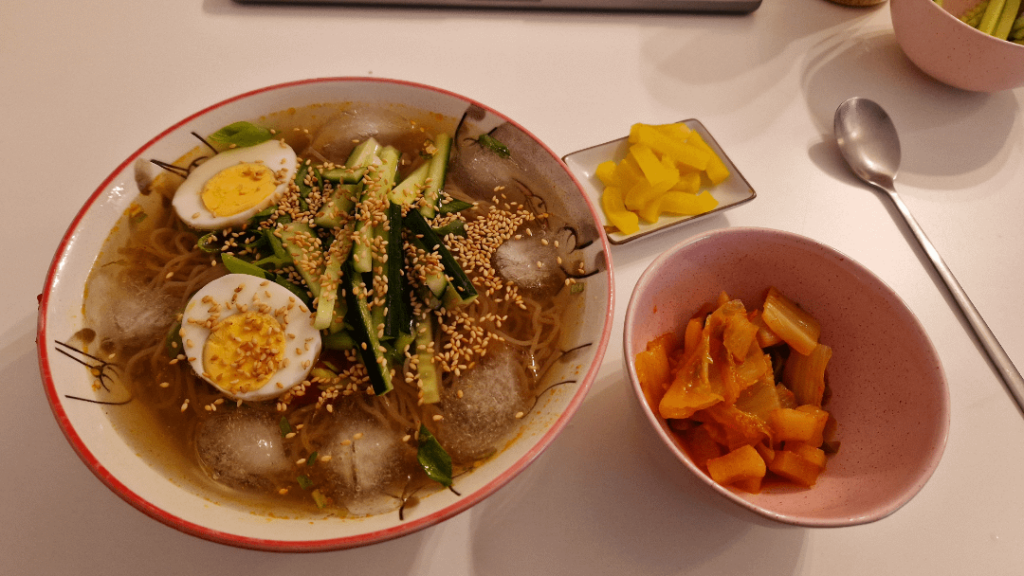 Today's dinner: naengmyeon with danmuji and homemade kimchi