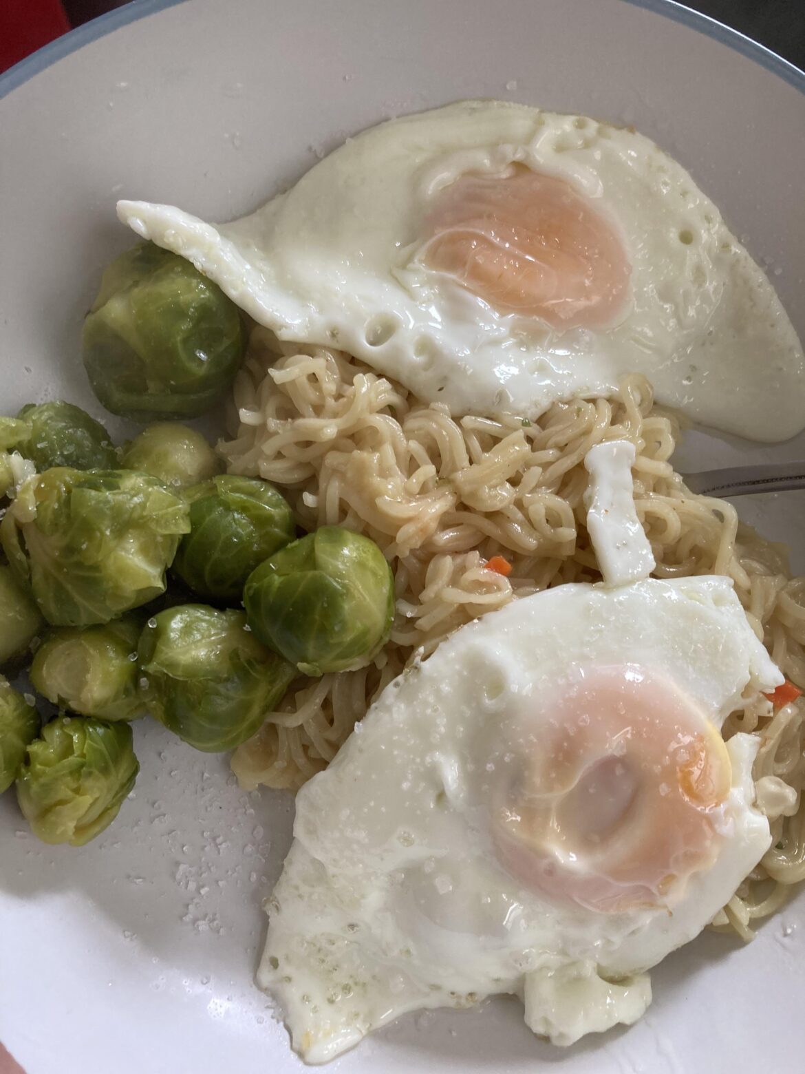 Noodles, Brussels, and egg. All overcooked.