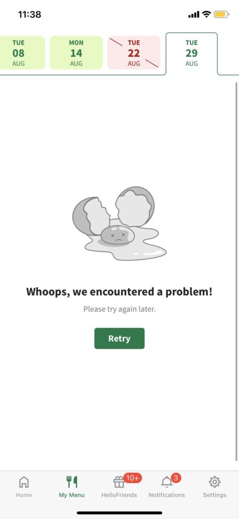 Error message for last week of august?