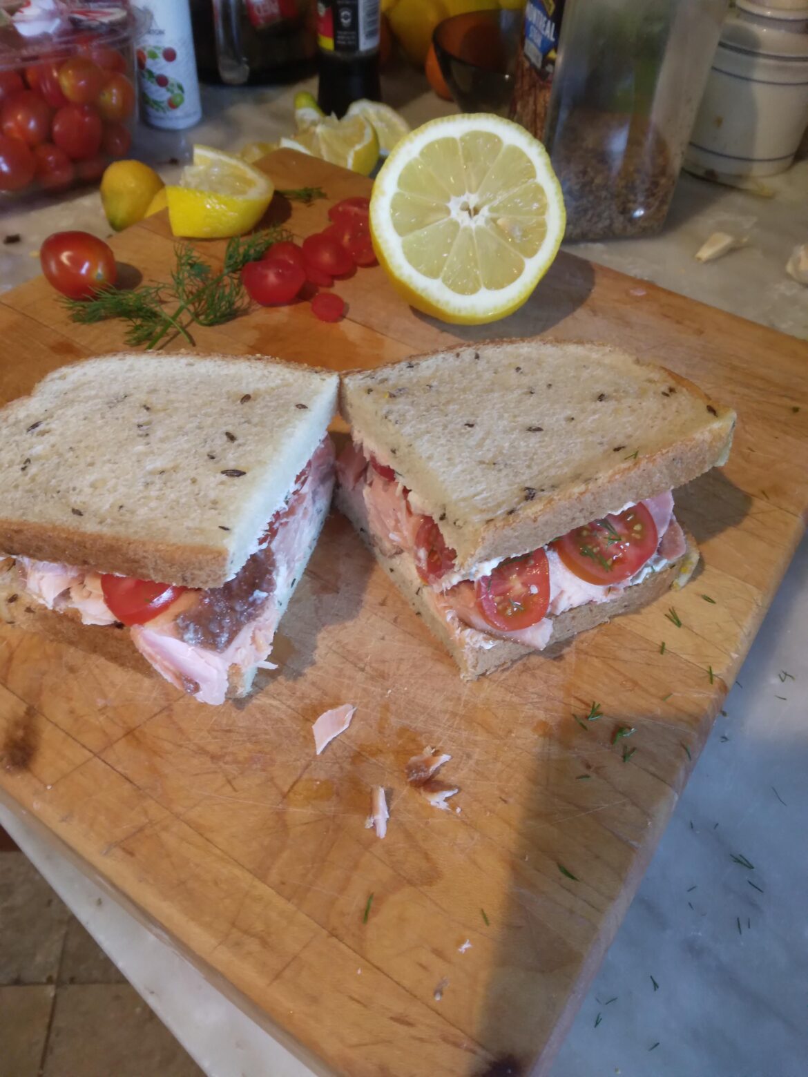 Smoked salmon, grape tomatoes, salmon dill cream cheese on rye