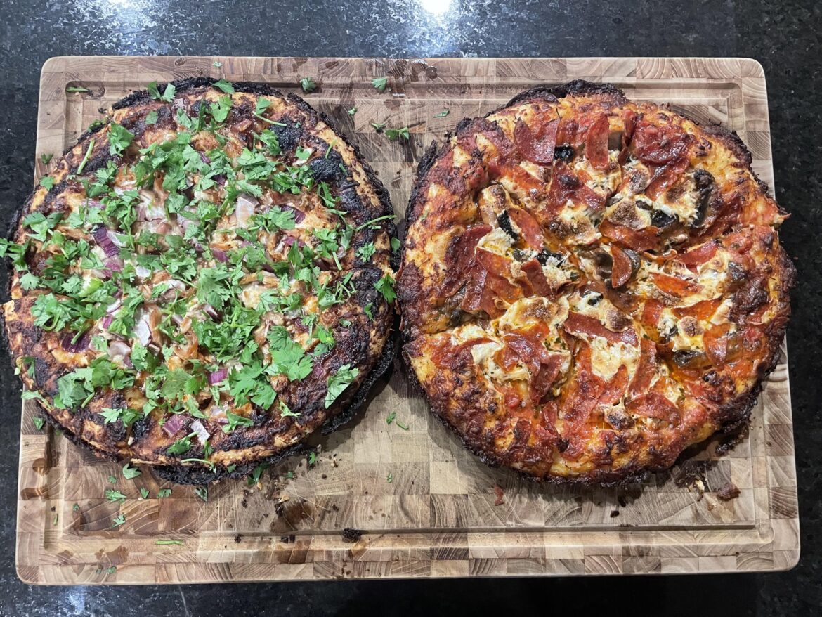 BBQ chicken pizza and pepperoni and mushroom pizza. Cast iron skillet, no knead method.