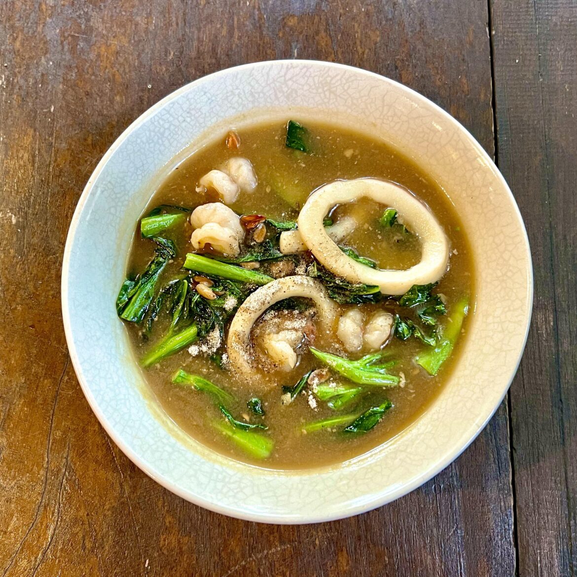 Rad na fa deang (Noodles in gravy broth) with seafood and greens in Mae Tha - Wang Ngoen in Thailand