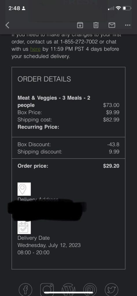 I’m only getting charged $29.20 for this right? I got a 11 free meals code in the mail. It let me pick 6 meals