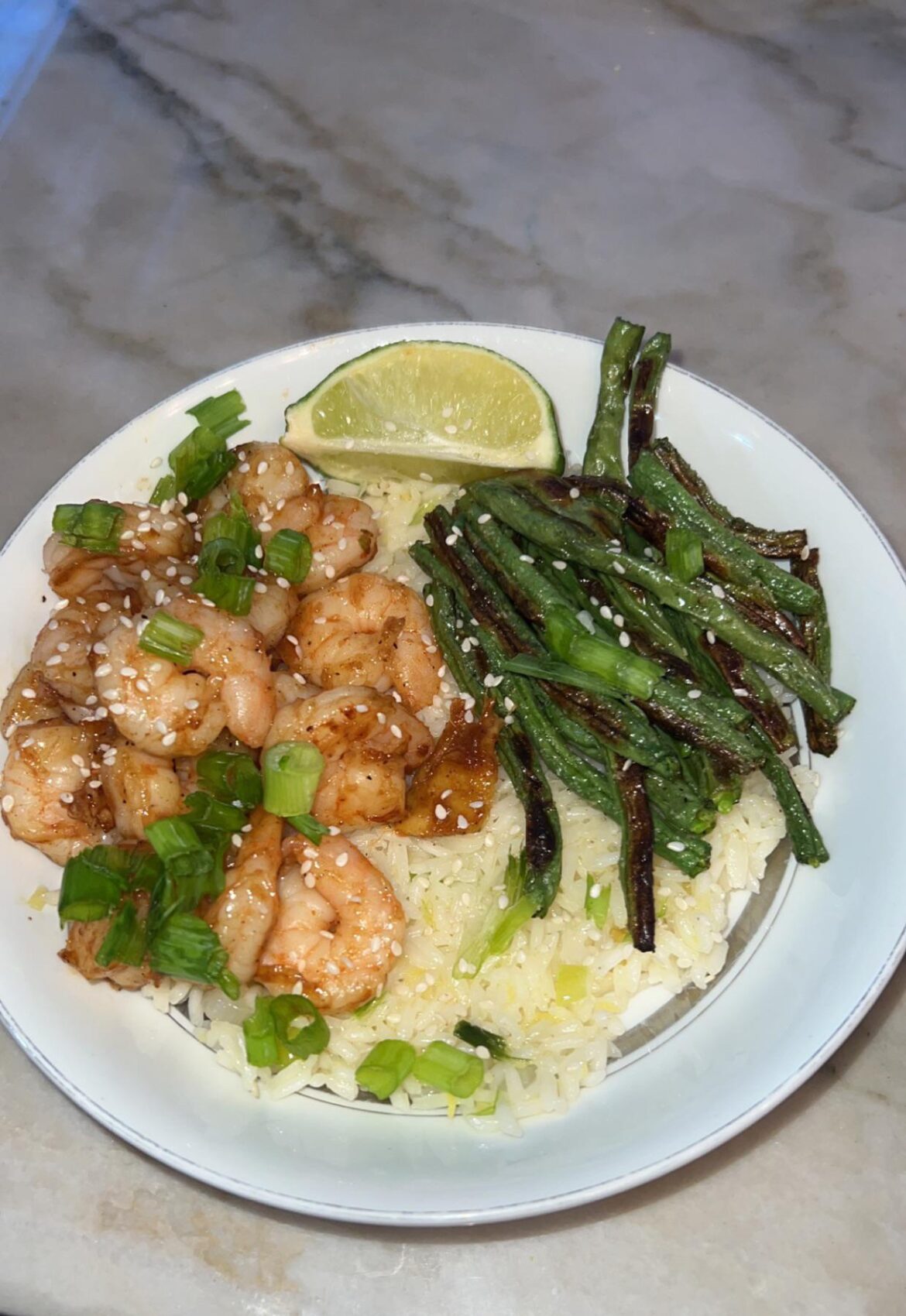 Sizzling Hoisin Shrimp with Ginger Scallion Rice & Crispy Green Beans