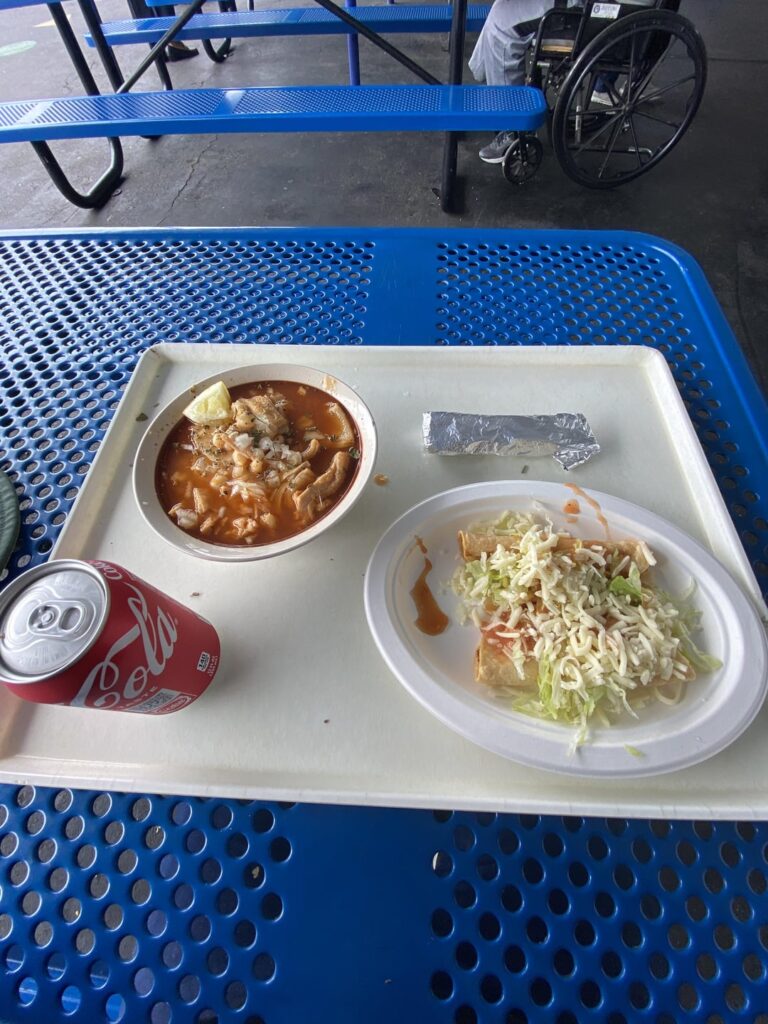 St Anne’s. Church in Santa Monica. Menudo with pata (optional) flauta de pollo and potato taco. 15 bucks.