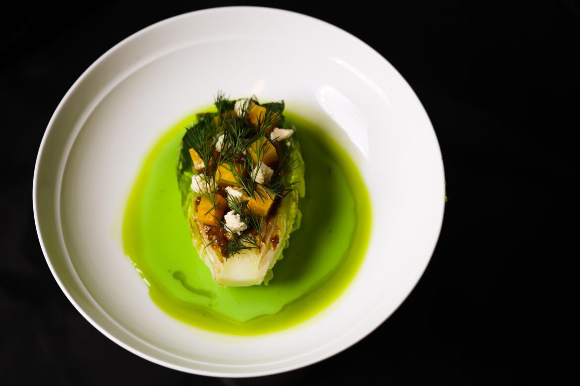 Baby gem, golden beet, feta, pea and yuzu veloute