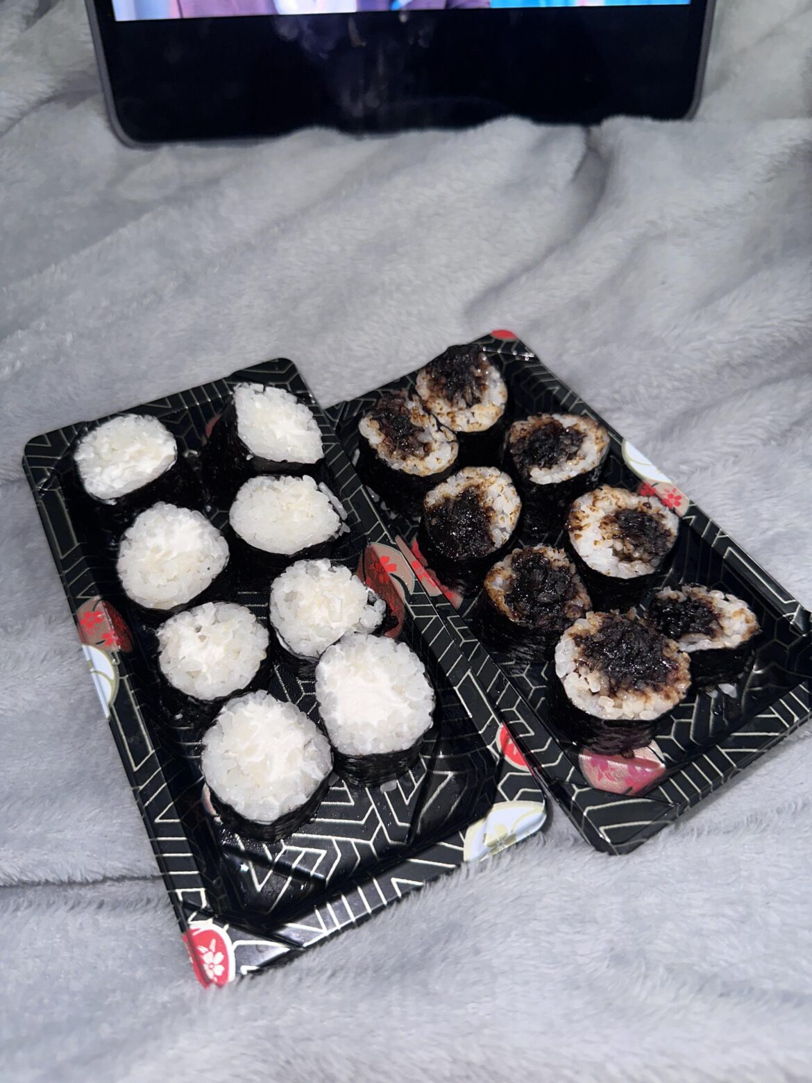 Vegan cream cheese sushi and black bean paste sushi. Homemade