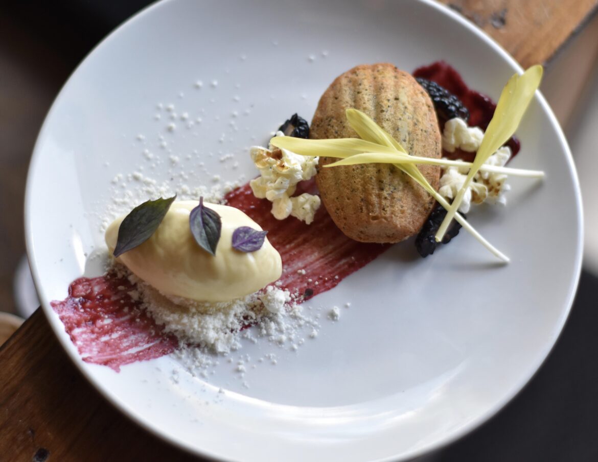 Lemon Poppyseed Madeleine (lemonchello syrup) + Corn & Black Pepper Gelato + Blackberry & Thai Basil Compote + White Chocolate Powder + Black pepper Popcorn