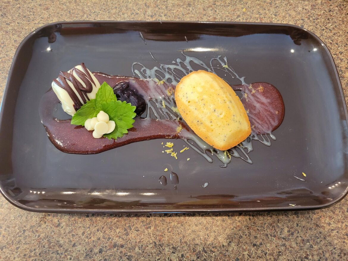 Lemon poppy madeleine. Rhubarb, lemon balm, star anise coulis. Chocolate covered marshmallow. Wild berry jam.