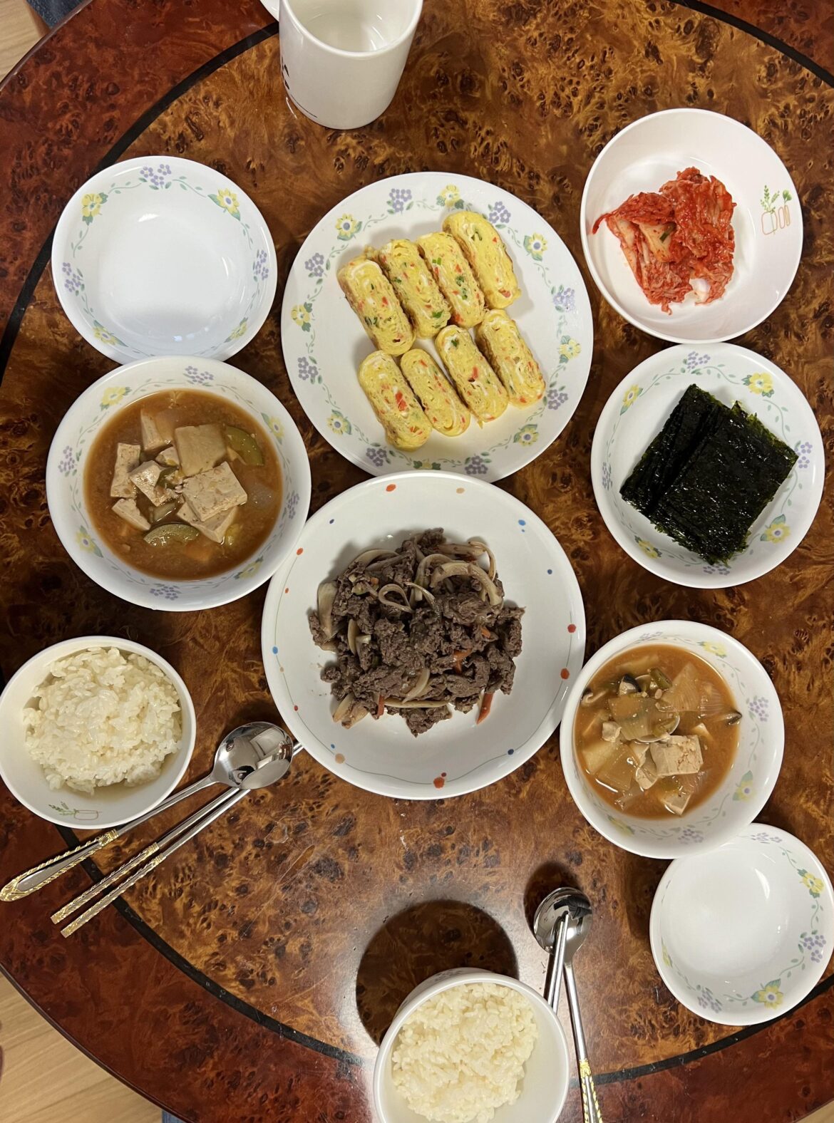 Little dinner with gyeran-mari, bulgogi, and doenjang jjigae