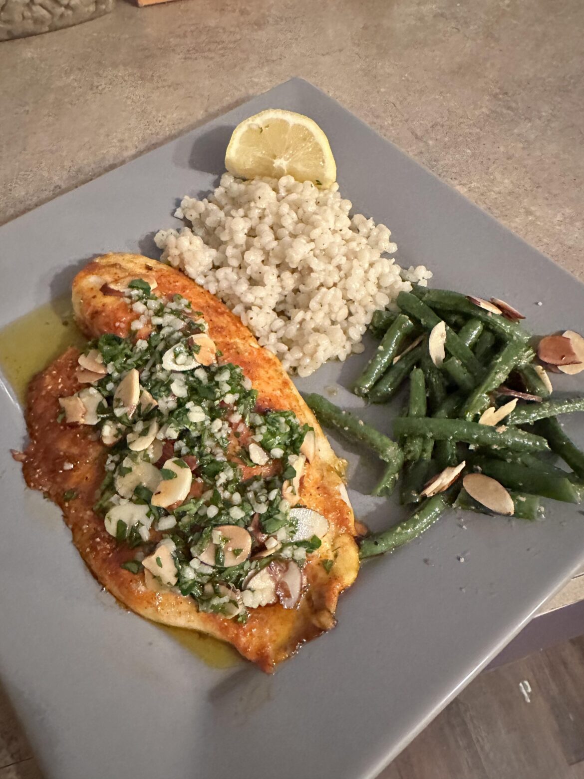 Tilapia with almond parsley gremolata 10/10!