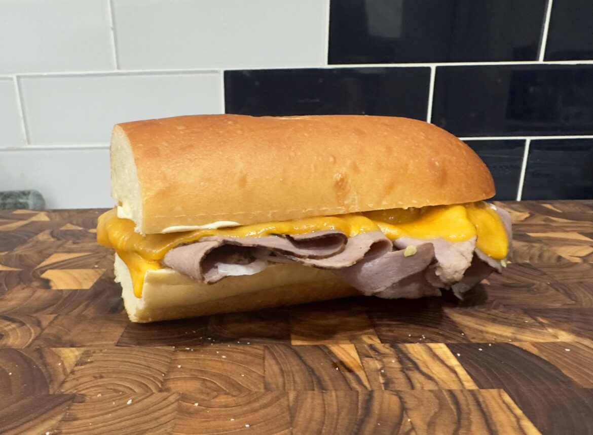 roast beef and cheddar w/onion, pepperocini, mayo and horseradish mustard.