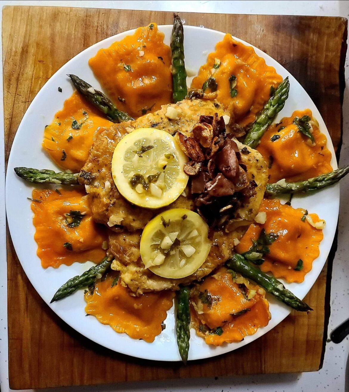 Chicken Francese w/ Fried Garlic & Prosciutto, Butternut Squash Ravioli & Asparagus in Garlic Herb Butter