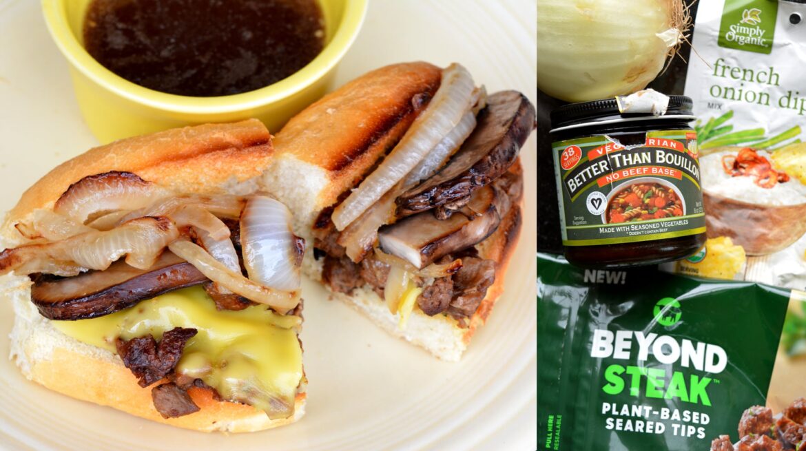 I made the most amazing tasting French Onion dip sandwich. Onions, mushrooms, beyond steak, cheeze, and French onion dipping sauce. 347 Calories.