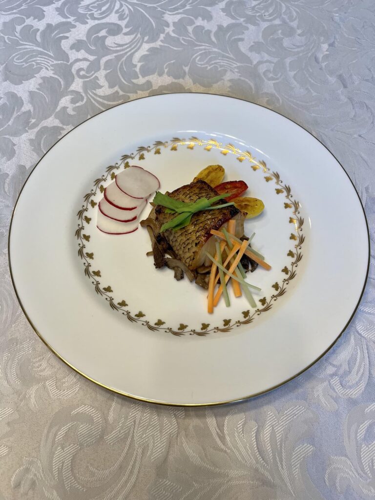 miso-marinated chilean sea bass, oyster mushrooms, celery/carrot/radish, blistered cherry tomatoes