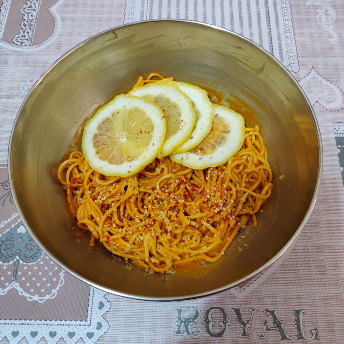 Sesame, gochujang and lemon bibim guksu