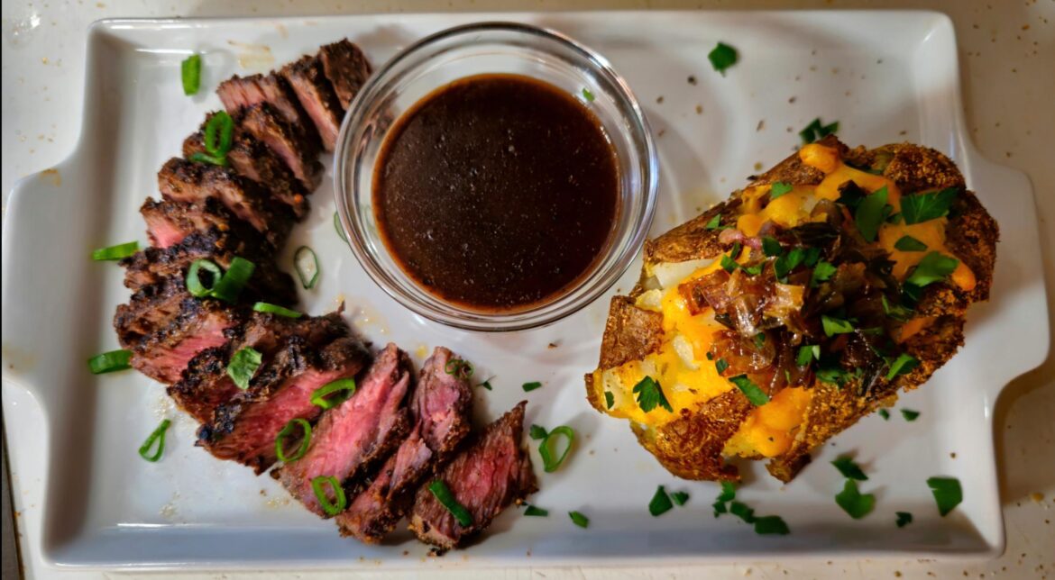 Steak and Cheddar Bacon Potato w/ Red Wine Pan Sauce