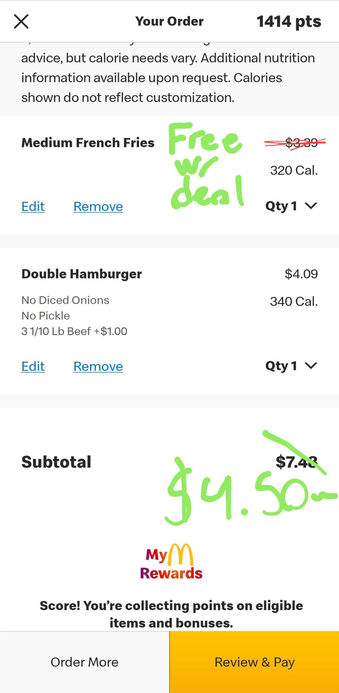 What beats McD triple hamburger and fries ~660 Cal for $4.50~ daily? What beats McD triple hamburger and fries ~660 Cal for $4.50~ daily?