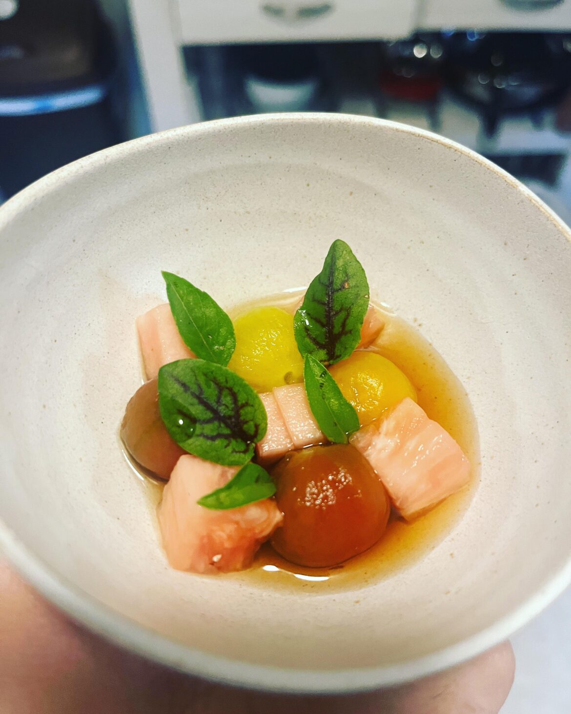 Pink Pineapple, Preserved Tomatoes, Pineapple Dashi, Red Sorrel, Thai Basil