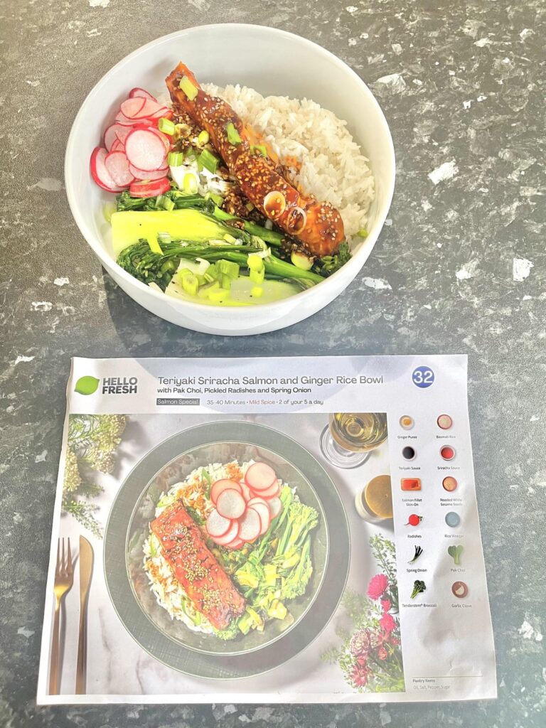 My first 2 Hello Fresh meals! (1) Teriyaki Sriracha Salmon & Ginger Rice Bowl. (2) Cajun Spiced Chicken & Chive Dressing.