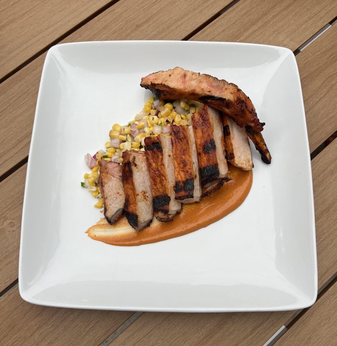 Chipotle honey lime bone in pork chop with a charred sweet corn relish (home cook)