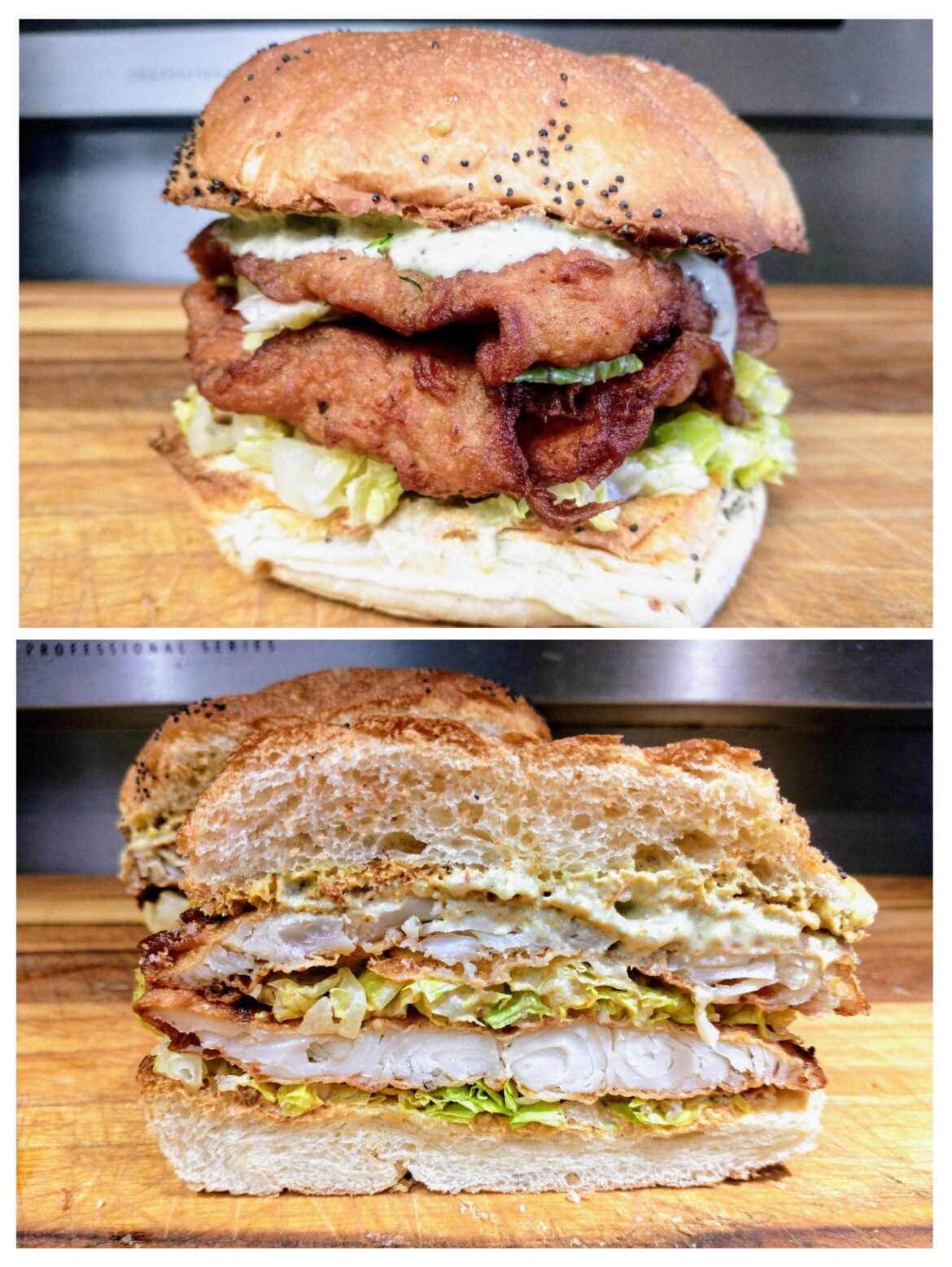 Homemade Fried Fish Sandwich - Fried Flounder Fillets, Shredded Romaine, and Cilantro Lemon Mayo on Toasted Poppyseed Kaiser Roll.