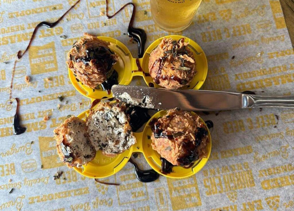 Appetizer from a local brewery, served on a can carrier