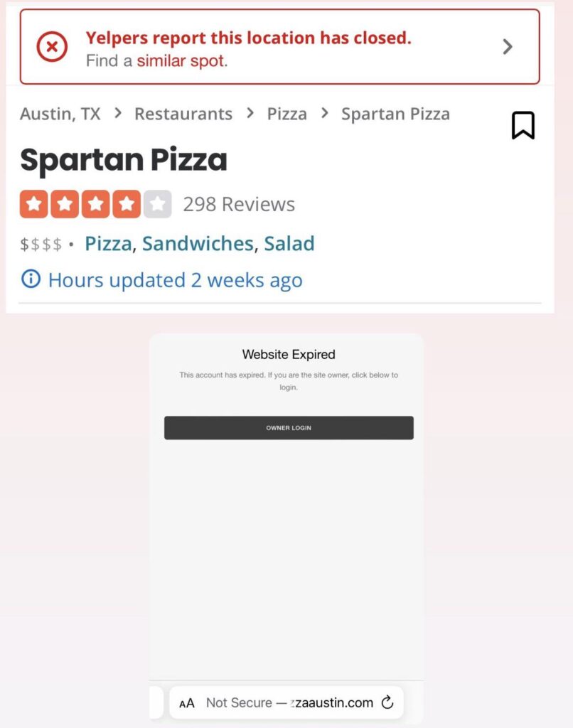 Shock: Spartan Pizza has randomly closed on East 6th St. I walked past and it looked dead on a Friday. They closed their online ordering and Yelp has declared it as closed too.