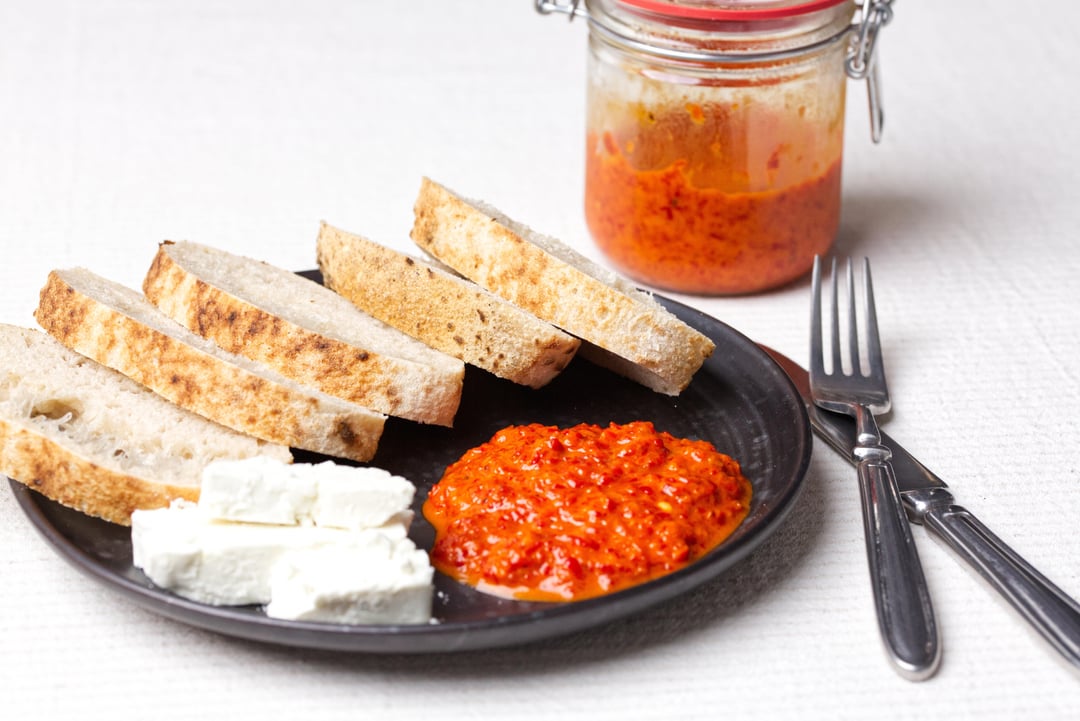 The ajvar and bread (leftover pizza dough) are homemade. The cheese is