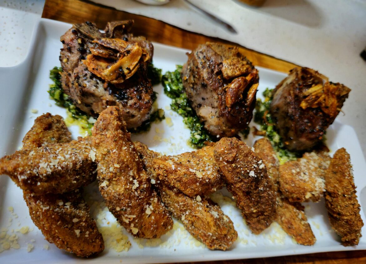 Lamb, Chimichurri, & Fried Garlic w/ Crispy Garlic Parm Potato Wedges
