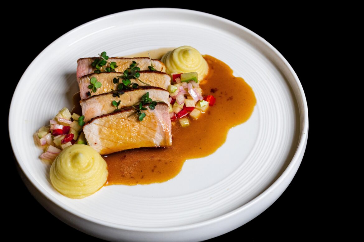 Pork, pomme purée, apple salsa, apple and thyme sauce