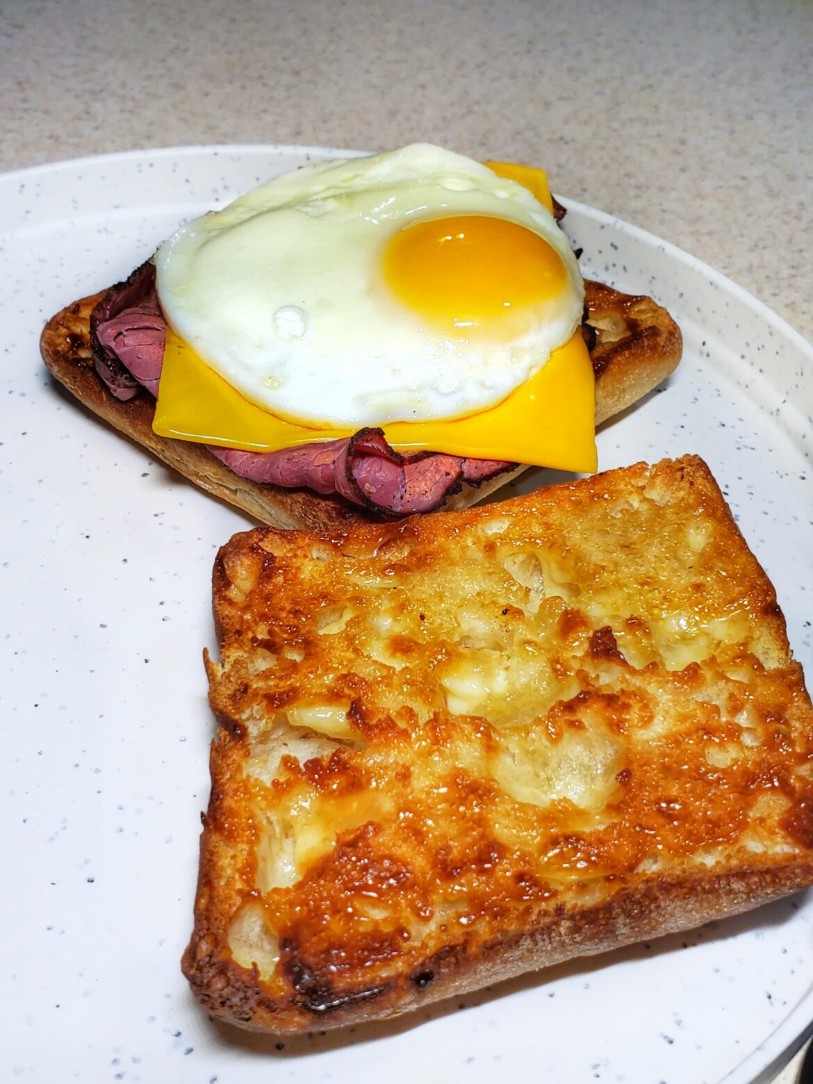 Boar's Head pastrami, American cheese, and a fried egg on top of buttered toasted ciabatta.