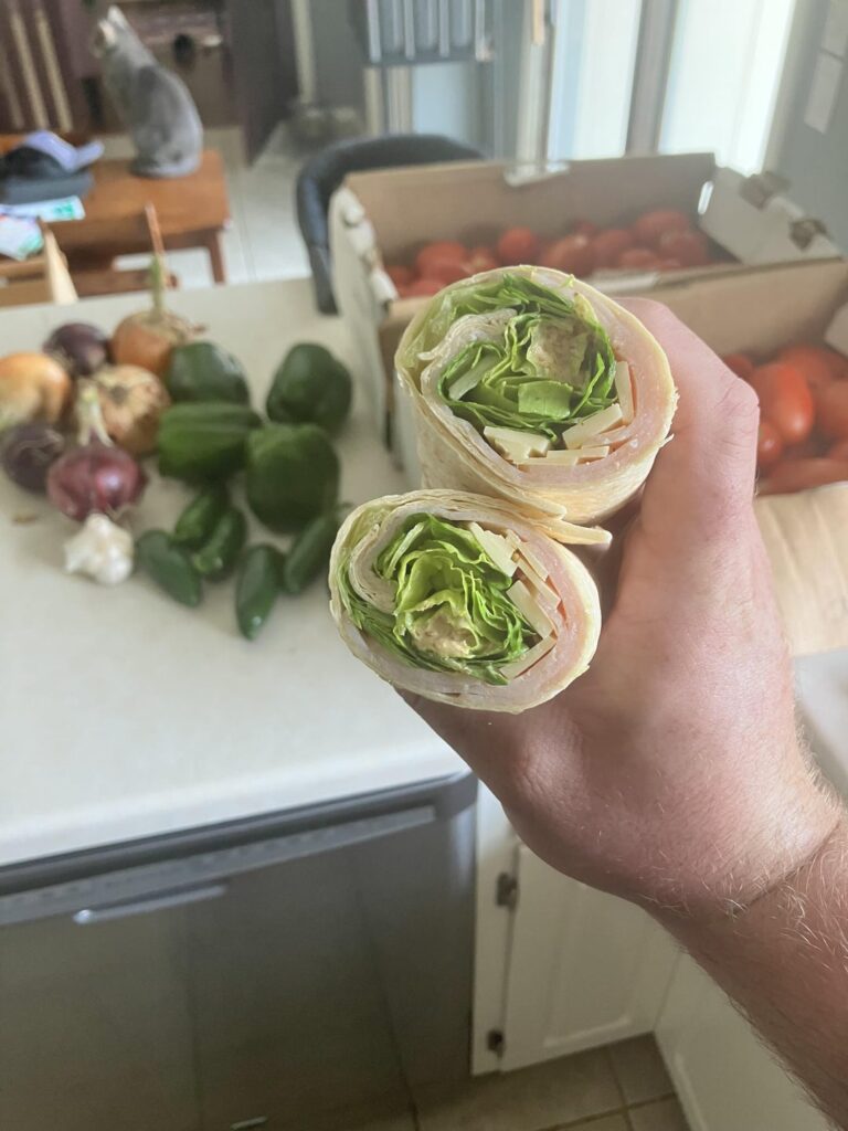 Didn’t want to take the time to make a fancy sandwich or wrap bc I’ve got a lot of salsa to make and can today and corn to process, but I needed something. Basic turkey, Gruyère, lettuce, horseradish mustard wrap
