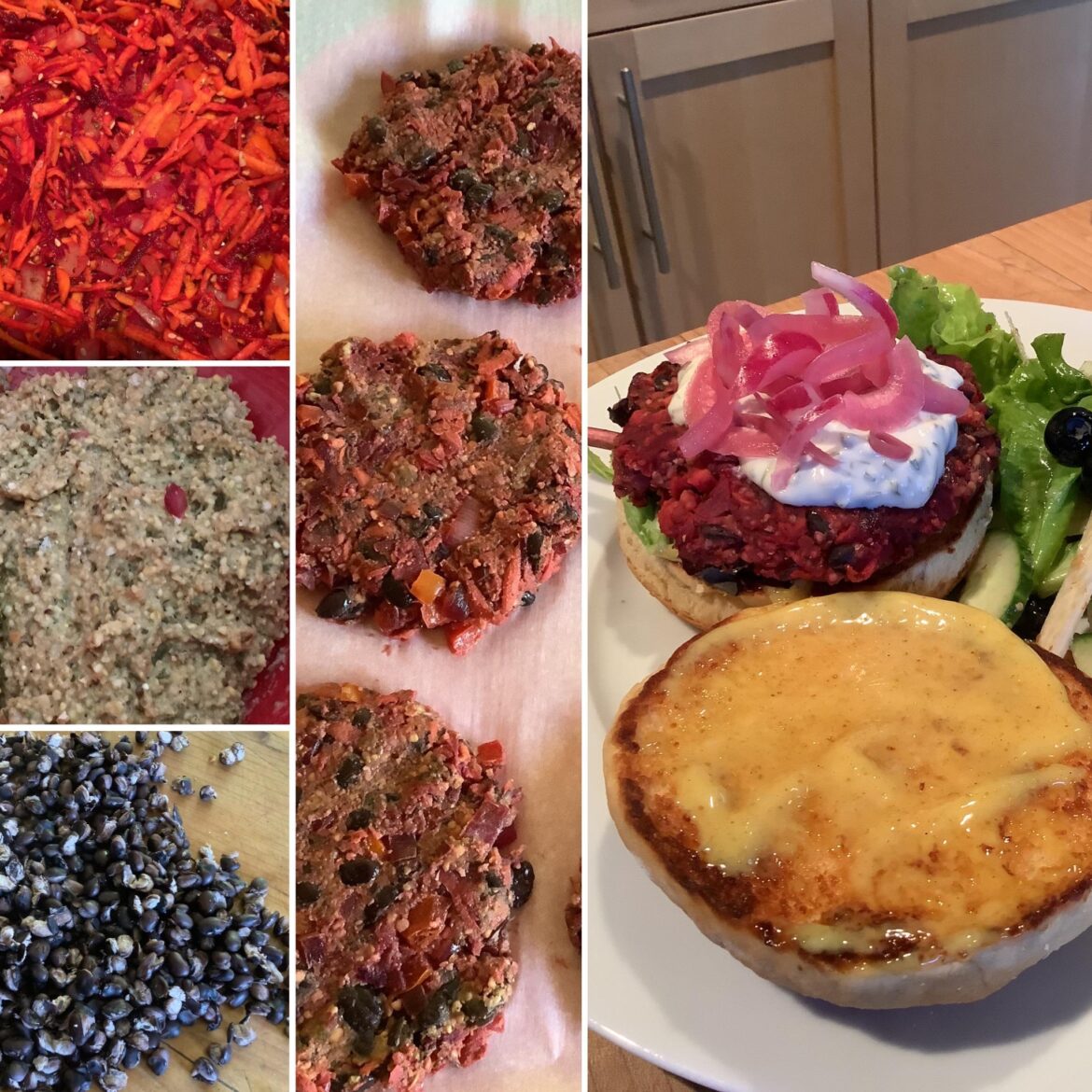 Black bean falafel burgers with herb goat cheese and curry aioli