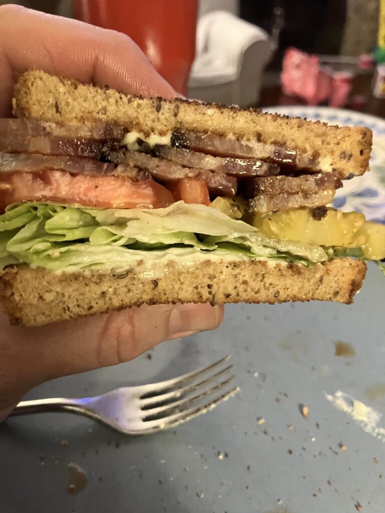 Home cured & smoked peppered bacon, home grown tomatoes, iceberg, helman’s